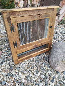 Industrial rustic barn wood cabinet with corrugated steel made from 1800s barn wood