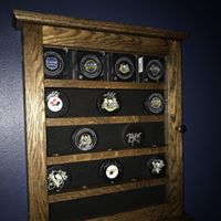 Hockey puck display cabinet 20 ,25,30or 35 pucks solid oak with door